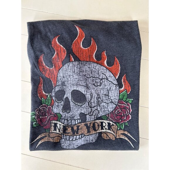 Aeropostale New York Shirt Men's XL Flaming Skull & Roses Graphic Tee Gray - Picture 3 of 6